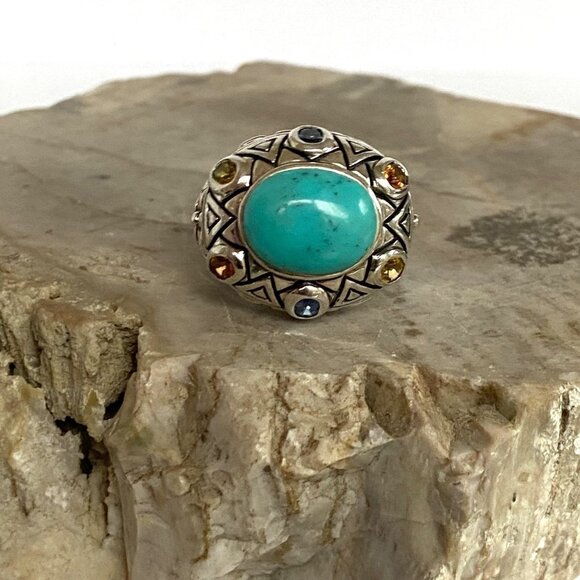 Sterling Silver 925 Thailand Turquoise Multi Gemstone Dome Statement Ring 7.75 - Picture 16 of 16